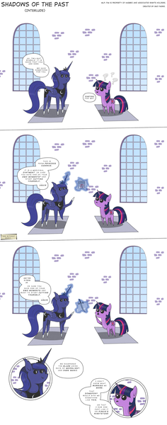 Size: 1942x4938 | Tagged: semi-grimdark, artist:perfectblue97, derpibooru import, princess luna, twilight sparkle, alicorn, pony, unicorn, comic:shadows of the past, comic, dark comedy, glowing horn, horn, knife, magic, pointy ponies, telekinesis, unicorn twilight