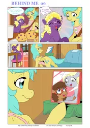 Size: 5371x7592 | Tagged: safe, artist:jeremy3, derpibooru import, derpy hooves, sunshower raindrops, oc, oc:trissie, oc:valentine, earth pony, pegasus, pony, comic:behind me, absurd resolution, alternate universe, broom, chair, comic, couch, food, glass, glasses, milk, muffin, photo, refrigerator, sink, table