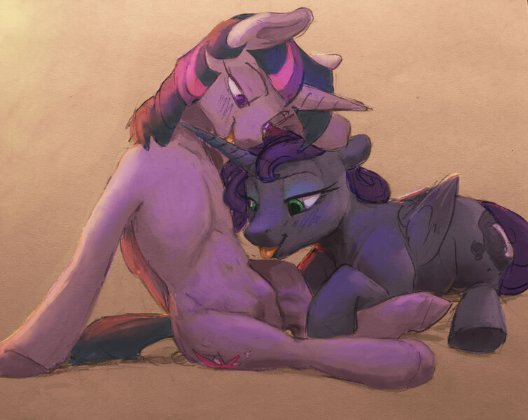Size: 1900x1512 | Tagged: questionable, artist:sinfoe, color edit, derpibooru import, edit, princess luna, twilight sparkle, twilight sparkle (alicorn), alicorn, pony, bedroom eyes, blushing, colored, crotchboobs, featureless crotchboobs, female, horn, horn licking, hornjob, lesbian, licking, mare, nudity, shipping, sitting, sketch, teats, tongue out, twiluna