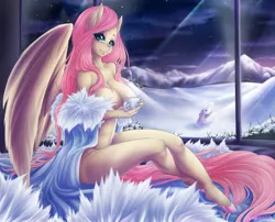 Size: 2345x1898 | Tagged: suggestive, artist:bunnywhiskerz, derpibooru import, fluttershy, anthro, bat pony, pegasus, unguligrade anthro, bed, bedroom, belly button, big breasts, breasts, busty fluttershy, clothes, coffee, coffee mug, female, flutterbat, freckles, hoof polish, lingerie, looking at you, mare, mug, nail polish, nudity, race swap, signature, sitting, snow, solo, solo female