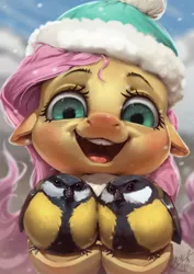 Size: 850x1200 | Tagged: safe, artist:assasinmonkey, derpibooru import, fluttershy, bird, great tit, pegasus, pony, tit (bird), animal, blushing, clothes, cute, female, floppy ears, fluffy, happy, hat, hoof hold, impossibly large tits, looking at you, mare, open mouth, pun, pun in the tags, red nosed, scarf, shyabetes, smiling, snow, visual pun