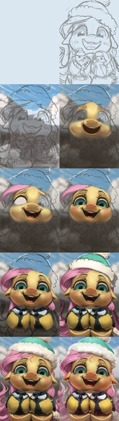 Size: 1360x4800 | Tagged: safe, artist:assasinmonkey, derpibooru import, fluttershy, bird, pegasus, pony, tit (bird), art progress, cute, female, floppy ears, hat, looking at you, mare, progress, pun, shyabetes, visual pun, wip