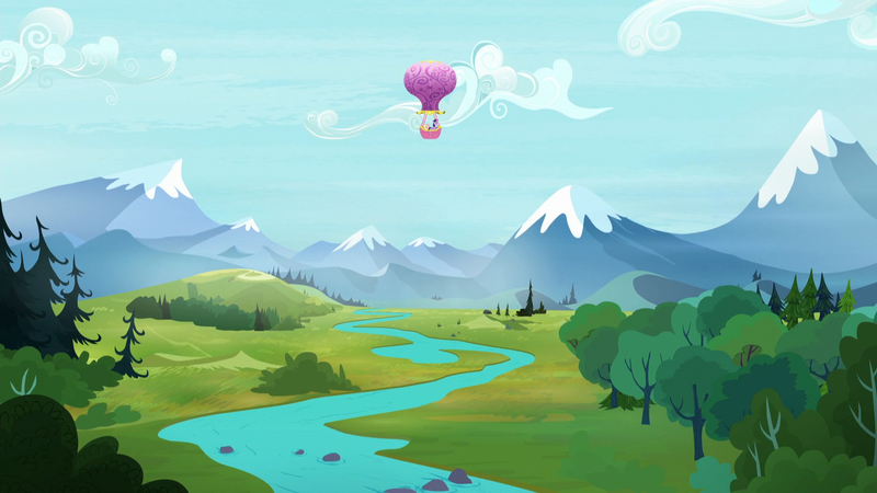 Size: 1920x1080 | Tagged: safe, derpibooru import, screencap, fluttershy, twilight sparkle, twilight sparkle (alicorn), alicorn, pony, the hooffields and mccolts, forest, hot air balloon, mountain, mountain range, pine tree, river, scenery, tree, twinkling balloon