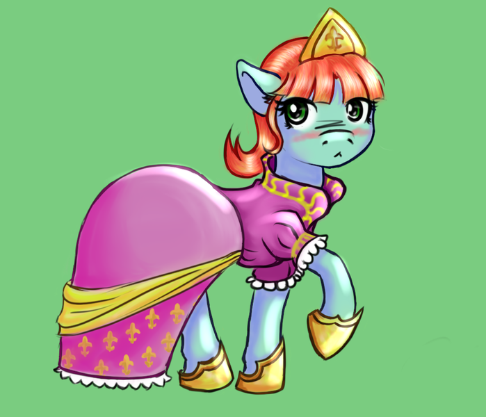 Size: 990x850 | Tagged: safe, artist:hebini, derpibooru import, oc, oc:princess elonrie, earth pony, pony, blushing, clothes, crown, dress, female, hoof shoes, jewelry, mare, raised hoof, regalia, simple background