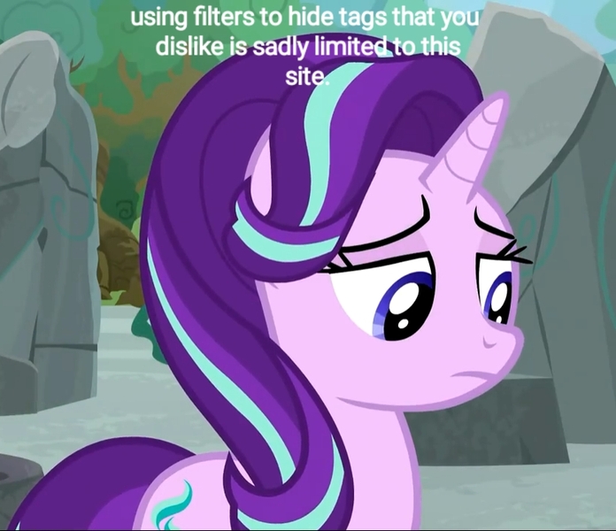 Size: 835x720 | Tagged: safe, derpibooru import, screencap, starlight glimmer, pony, unicorn, derpibooru, shadow play, caption, cropped, female, filters, horn, image macro, implied, mare, meta, sad, solo, text