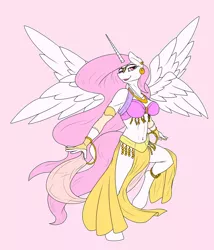 Size: 1024x1195 | Tagged: alicorn, anthro, artist:gasmaskfox, belly button, belly dancer, breasts, derpibooru import, female, multiple wings, pink-mane celestia, princess celestia, seraph, seraphicorn, solo, solo female, suggestive, wings