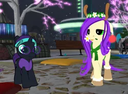 Size: 1112x812 | Tagged: safe, derpibooru import, screencap, oc, oc:flower blossom, oc:nyx, unofficial characters only, alicorn, pony, 3d, bench, floral head wreath, flower, flower in mouth, mouth hold, pillow, second life, snow, snowfall, tree, trotsdale