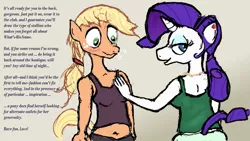 Size: 1267x713 | Tagged: suggestive, artist:nastipone, derpibooru import, applejack, rarity, anthro, belly button, blushing, breast fondling, breast grab, breasts, clothes, ear piercing, earring, female, grope, huff, jewelry, lesbian, midriff, molestation, monologue, necklace, personal space invasion, piercing, propositioning, rarijack, shipping, talking