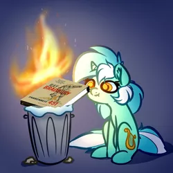 Size: 1024x1024 | Tagged: safe, artist:witchtaunter, derpibooru import, edit, lyra heartstrings, pony, background pony, book, book burning, burn, burning, ear fluff, fahrenheit 451, female, fire, irony, ray bradbury, solo, trash can