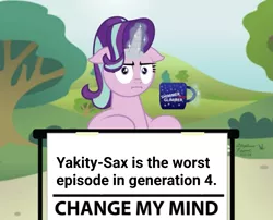 Size: 1335x1080 | Tagged: safe, derpibooru import, edit, editor:apex soundwave, starlight glimmer, pony, yakity-sax, :i, change my mind, crossing the memes, cup, dead meme, downvote bait, i mean i see, implied yaks, levitation, magic, meme, opinion, table, telekinesis, your opinion