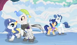 Size: 1024x601 | Tagged: safe, artist:velveagicsentryyt, derpibooru import, oc, oc:asterism, oc:sky city, oc:spectrum night, oc:velvet sentry, unofficial characters only, hybrid, pony, unicorn, clothes, female, ice skating, interspecies offspring, male, mare, offspring, parent:discord, parent:fancypants, parent:flash sentry, parent:princess celestia, parent:rarity, parent:twilight sparkle, parents:dislestia, parents:flashlight, parents:raripants, scarf, siblings, stallion, sweater