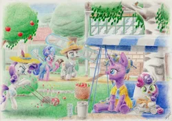 Size: 4665x3275 | Tagged: safe, artist:xeviousgreenii, derpibooru import, cookie crumbles, hondo flanks, rarity, sweetie belle, oc, pony, apple, apple tree, bush, cart, family, hammock, high res, ladder, lawn mower, magic, music box, shears, swing, traditional art, tree