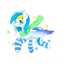 Size: 1600x1600 | Tagged: artist needed, safe, derpibooru import, oc, oc:bender drede, unofficial characters only, pegasus, pony, clothes, colored wings, cute, female, flying, glowing eyes, scarf, simple background, socks, solo, stars, stockings, striped socks, thigh highs, white background, wings