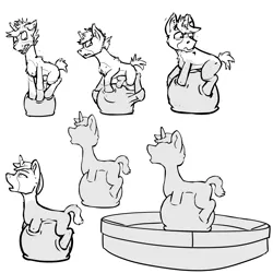 Size: 5000x5000 | Tagged: safe, artist:dombrus, derpibooru import, oc, oc:socks, unofficial characters only, pony, unicorn, absurd resolution, fountain, inanimate tf, monochrome, petrification, statue, transformation