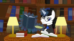 Size: 2624x1472 | Tagged: safe, artist:tsabak, derpibooru import, oc, oc:pen wright, unofficial characters only, pony, unicorn, book, bookshelf, glasses, lamp, magic, male, quill, solo, stallion, vector