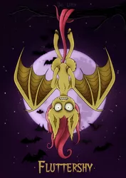 Size: 1024x1449 | Tagged: safe, artist:das_leben, derpibooru import, part of a set, fluttershy, bat, bat pony, pony, bat ponified, female, flutterbat, full moon, mare, moon, night, prehensile tail, race swap, solo, spread wings, style emulation, teeth, tim burton, tree branch, upside down, wings