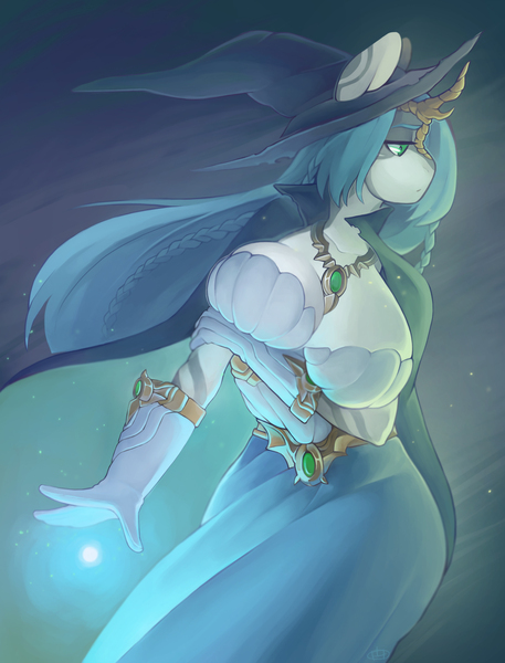 Size: 2500x3279 | Tagged: anthro, anthro oc, artist:yamayuka, belt, big breasts, boob squish, braid, breasts, cape, cleavage, clothes, derpibooru import, dress, female, hair braid, hair braiding, hat, high res, jewelry, kirin, kirin oc, long hair, oc, solo, solo female, suggestive, unofficial characters only, witch hat, wizard hat