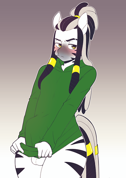 Size: 2900x4086 | Tagged: anthro, artist:suelix, balls, blushing, bottomless, braided tail, clothes, derpibooru import, dreadlocks, explicit, hair jewelry, hiding erection, hoodie, jewelry, male, nudity, oc, oc:zahk, partial nudity, ponytail, solo, solo male, tail jewelry, unofficial characters only, zebra, zebra oc