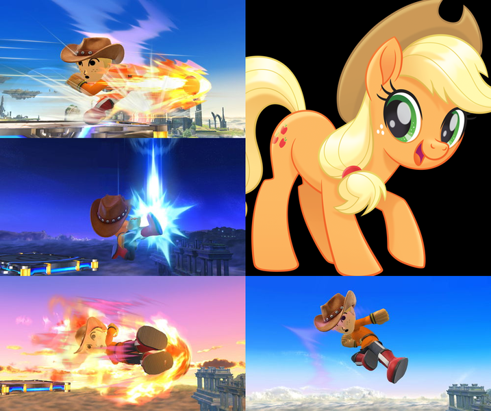 Size: 1000x837 | Tagged: safe, artist:alphamonouryuuken, derpibooru import, applejack, earth pony, pony, my little pony: the movie, female, mare, mii, mii brawler, mii fighters, simple background, smiling, solo, super smash bros., super smash bros. 4, super smash bros. ultimate