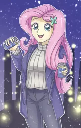 Size: 1853x2897 | Tagged: safe, artist:sumin6301, derpibooru import, fluttershy, equestria girls, clothes, coat, cute, female, looking at you, pants, shyabetes, solo, sweater, turtleneck