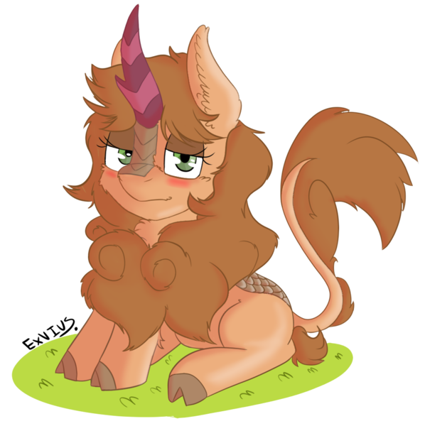 Size: 1004x1008 | Tagged: artist:exvius, brown mane, cloven hooves, derpibooru import, grass, green eyes, kirin, kirin oc, oc, prone, safe, simple background, transparent background, unnamed oc