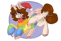 Size: 700x472 | Tagged: safe, artist:tinywinny, derpibooru import, oc, oc:faerie, unofficial characters only, alicorn, pony, alicorn oc, butt freckles, christmas, clothes, ear piercing, earring, female, freckles, hat, holiday, horn, jewelry, jumper, piercing, santa hat, solo, sweater, wings