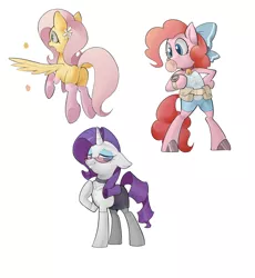 Size: 3224x3508 | Tagged: safe, artist:yunlongchen, derpibooru import, fluttershy, pinkie pie, rarity, earth pony, pegasus, pony, semi-anthro, unicorn, bell, bell collar, belt, blouse, bow, bubble, bubblegum, butt, clothes, collar, dock, eyeshadow, female, flower, flower in hair, food, glasses, gum, hair bow, horn, image, jpeg, lidded eyes, makeup, mare, open mouth, plot, pouch, simple background, skirt, socks, spread wings, tail, watch, white background, wings, wristwatch