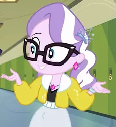 Size: 737x809 | Tagged: safe, derpibooru import, screencap, diamond tiara, best trends forever, equestria girls, equestria girls series, adorkable, barrette, best trends forever: twilight sparkle, canterlot high, clothes, cropped, cute, diamondbetes, dork, female, glasses, grin, hallway, jacket, jewelry, lockers, necklace, raised eyebrow, smiling, solo focus