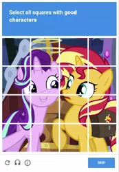 Size: 480x694 | Tagged: safe, derpibooru import, edit, edited screencap, screencap, starlight glimmer, sunset shimmer, pony, unicorn, equestria girls, mirror magic, spoiler:eqg specials, bag, captcha, cute, drama, duo, eye contact, female, frown, glimmerbetes, grin, image, looking at each other, mare, meme, open mouth, png, raised hoof, recaptcha, saddle bag, smiling, starlight drama, sunset vs starlight debate