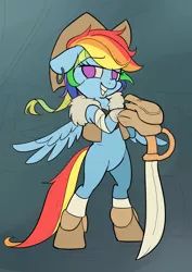 Size: 2894x4093 | Tagged: safe, artist:yunlongchen, derpibooru import, rainbow dash, pegasus, pony, bipedal, boots, clothes, ear piercing, earring, female, grin, hat, jewelry, looking at you, mare, piercing, pirate, pirate hat, shoes, smiling, sword, weapon