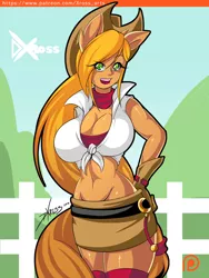 Size: 1200x1600 | Tagged: abs, applejack, applejacked, artist:d-xross, bad anatomy, belly button, belt, breasts, busty applejack, cleavage, clothes, cowboy hat, derpibooru import, eared humanization, female, front knot midriff, gloves, hand on hip, hat, human, human facial structure, humanized, looking at you, microskirt, midriff, miniskirt, muscles, neckerchief, patreon, patreon logo, short skirt, skirt, socks, solo, solo female, stetson, suggestive, tailed humanization, thigh highs, zettai ryouiki