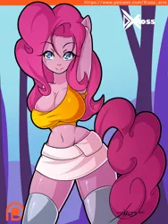 Size: 1200x1600 | Tagged: abs, arm behind head, artist:d-xross, belly button, big breasts, boots, breasts, busty pinkie pie, cleavage, clothes, curvy, derpibooru import, eared humanization, female, hourglass figure, huge breasts, human, human facial structure, humanized, impossibly thin waist, looking at you, midriff, miniskirt, no pupils, patreon, patreon logo, pinkie pie, shoes, skirt, socks, solo, solo female, suggestive, tail, tailed humanization, thigh boots, thigh highs, tube top, wide hips, zettai ryouiki