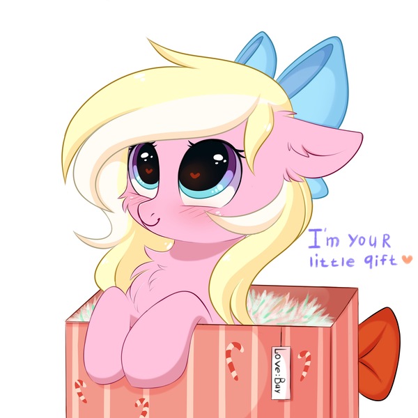 Size: 3000x3000 | Tagged: safe, artist:pesty_skillengton, derpibooru import, oc, oc:bay breeze, unofficial characters only, pegasus, pony, blushing, bow, box, chest fluff, commission, cute, ear fluff, female, hair bow, heart eyes, looking up, mare, ocbetes, pesty's little gift, pony in a box, present, simple background, tail bow, text, weapons-grade cute, white background, wingding eyes, ych result