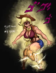 Size: 3818x4961 | Tagged: angry, applebucking thighs, applejack, applejacked, artist:franschesco, big breasts, breasts, busty applejack, cleavage, derpibooru import, dialogue, element of honesty, human, humanized, implied applespike, implied shipping, implied straight, jojo pose, muscles, suggestive, thighs, thunder thighs, yanderejack