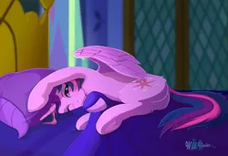 Size: 2190x1495 | Tagged: safe, artist:wildviolet-m, derpibooru import, twilight sparkle, twilight sparkle (alicorn), alicorn, pony, armpits, bed, bedsheets, cute, female, looking at you, mare, morning ponies, one eye closed, pillow, solo, twiabetes, twilight's castle, underhoof