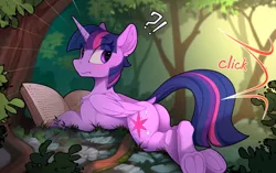 Size: 2320x1455 | Tagged: safe, artist:yakovlev-vad, derpibooru import, twilight sparkle, twilight sparkle (alicorn), alicorn, pony, adorasexy, blushing, book, butt, camera flashes, chest fluff, cute, cutie mark, dock, ear fluff, exclamation point, female, forest, frog (hoof), frown, interrobang, looking back, mare, nature, observer, offscreen character, paparazzi, pentagram, plot, prone, question mark, reading, rear view, scenery, sexy, shoulder fluff, solo, startled, surprised, tree, twiabetes, underhoof, voyeur, voyeurism, wide eyes