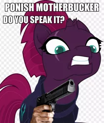 Size: 810x956 | Tagged: 1000 years in photoshop, alpha channel, broken horn, caption, derpibooru import, desert eagle, edit, edited screencap, eye scar, gritted teeth, gun, horn, image macro, impact font, jules winnfield, meme, menacing, movie reference, my little pony: the movie, ow the edge, pulp fiction, safe, say what again, scar, screencap, simple background, solo, tempest shadow, text, vulgar, weapon