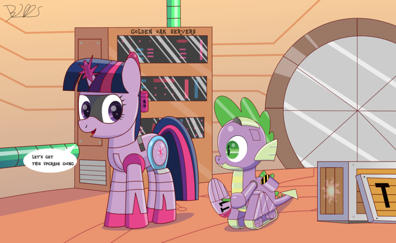 Size: 2000x1229 | Tagged: safe, artist:trackheadtherobopony, derpibooru import, spike, twilight sparkle, dragon, pony, robot, robot pony, unicorn, alicornification, crate, golden oaks library, kanji, robot dragon, roboticization, server, signature, smiling, spikebot, sun, text, twibot, upgrade, wings