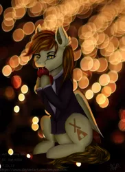 Size: 524x720 | Tagged: safe, artist:amywhooves, derpibooru import, oc, unofficial characters only, bat pony, pegasus, pony, apple, bat pony oc, bat wings, clothes, commission, eating, food, fruit, lights, looking at you, male, paint tool sai, sitting, solo, suit, wings