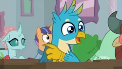 Size: 1920x1080 | Tagged: safe, derpibooru import, screencap, fine catch, gallus, ocellus, yona, changedling, changeling, gryphon, pony, unicorn, a rockhoof and a hard place, background pony, cute, friendship student, gallabetes, male, solo focus, stallion