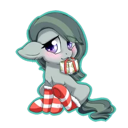 Size: 688x688 | Tagged: safe, artist:tokokami, derpibooru import, marble pie, earth pony, pony, blushing, christmas, christmas presents, clothes, cute, eye clipping through hair, female, floppy ears, holiday, marblebetes, mare, mouth hold, present, simple background, socks, solo, stockings, striped socks, thigh highs, transparent background