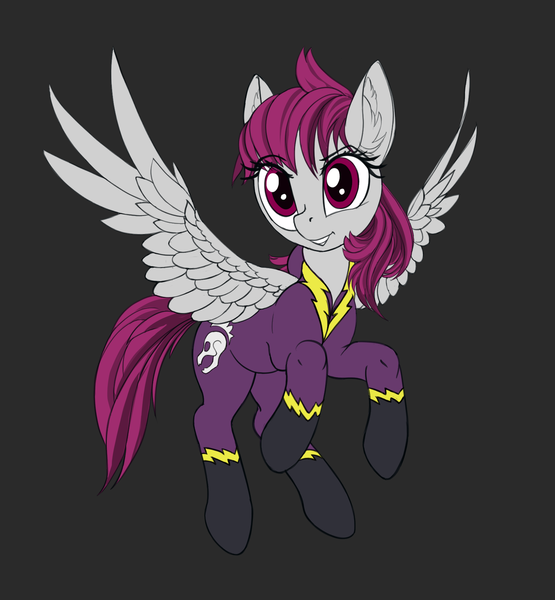 Size: 1280x1383 | Tagged: safe, alternate version, artist:lunebat, derpibooru import, oc, oc:grey sky, pegasus, pony, clothes, costume, dark background, flight suit, shadowbolts, shadowbolts (nightmare moon's minions), shadowbolts costume