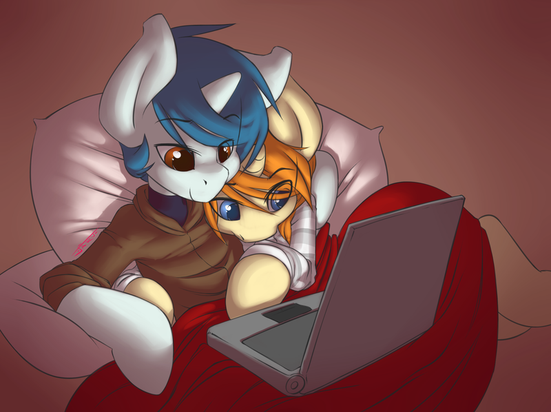 Size: 2651x1980 | Tagged: safe, artist:jarwis, derpibooru import, oc, oc:jarv, oc:whoop, unofficial characters only, pony, unicorn, blanket, computer, cuddling, cute, explicit source, gay, holiday, laptop computer, male, netflix, netflix and chill, snuggling, valentine's day