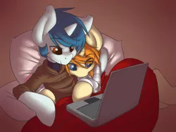 Size: 2651x1980 | Tagged: safe, artist:jarwis, derpibooru import, oc, oc:jarv, oc:whoop, unofficial characters only, pony, unicorn, blanket, computer, cuddling, cute, explicit source, gay, holiday, laptop computer, male, netflix, netflix and chill, snuggling, valentine's day