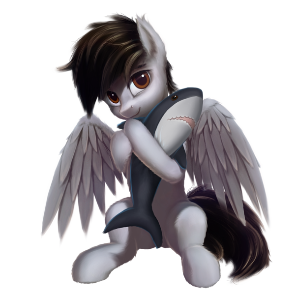 Size: 2048x2048 | Tagged: safe, artist:quvr, derpibooru import, oc, oc:soft rain, unofficial characters only, pegasus, pony, shark, 2019 community collab, derpibooru community collaboration, cuddling, hug, male, plushie, shark plushie, simple background, sitting, solo, transparent background, wings