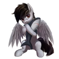Size: 2048x2048 | Tagged: safe, artist:quvr, derpibooru import, oc, oc:soft rain, unofficial characters only, pegasus, pony, shark, 2019 community collab, derpibooru community collaboration, cuddling, hug, male, plushie, shark plushie, simple background, sitting, solo, transparent background, wings