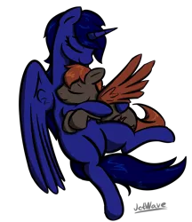 Size: 984x1141 | Tagged: safe, artist:jetwave, derpibooru import, oc, oc:crimson wings, oc:eos, alicorn, pegasus, pony, fallout equestria, fallout equestria: broken bonds, fanfic, alicorn oc, artificial alicorn, blue alicorn (fo:e), cuddling, cutie mark, duo, eyes closed, fanfic art, female, hooves, horn, hug, male, mare, simple background, stallion, transparent background, wings