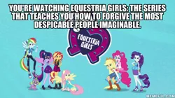 Size: 600x337 | Tagged: safe, derpibooru import, edit, edited screencap, screencap, applejack, fluttershy, pinkie pie, rainbow dash, rarity, sci-twi, spike, spike the regular dog, sunset shimmer, twilight sparkle, dog, equestria girls, equestria girls series, caption, clothes, comment war, converse, equestria girls logo, geode of empathy, geode of fauna, geode of shielding, geode of super speed, geode of super strength, geode of telekinesis, humane five, humane seven, humane six, image macro, intro, logo, magical geodes, pantyhose, photo, ponied up, scitwilicorn, shoes, sneakers, text, wings