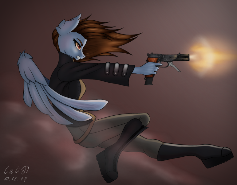 Size: 2700x2100 | Tagged: anthro, artist:catdclassic, beretta, beretta 93r, clothes, derpibooru import, fireball, fog, gothic, gun, handgun, oc, oc:absentia crash, safe, shooting, smoke, solo, weapon