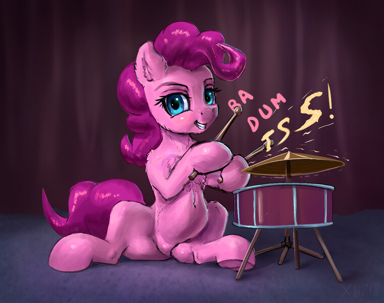 Size: 1396x1101 | Tagged: safe, artist:xbi, derpibooru import, pinkie pie, earth pony, pony, baby cakes, ba dum tss, cymbals, drum kit, drums, female, hoof hold, looking at you, mare, musical instrument, rimshot, scene interpretation, sitting, solo